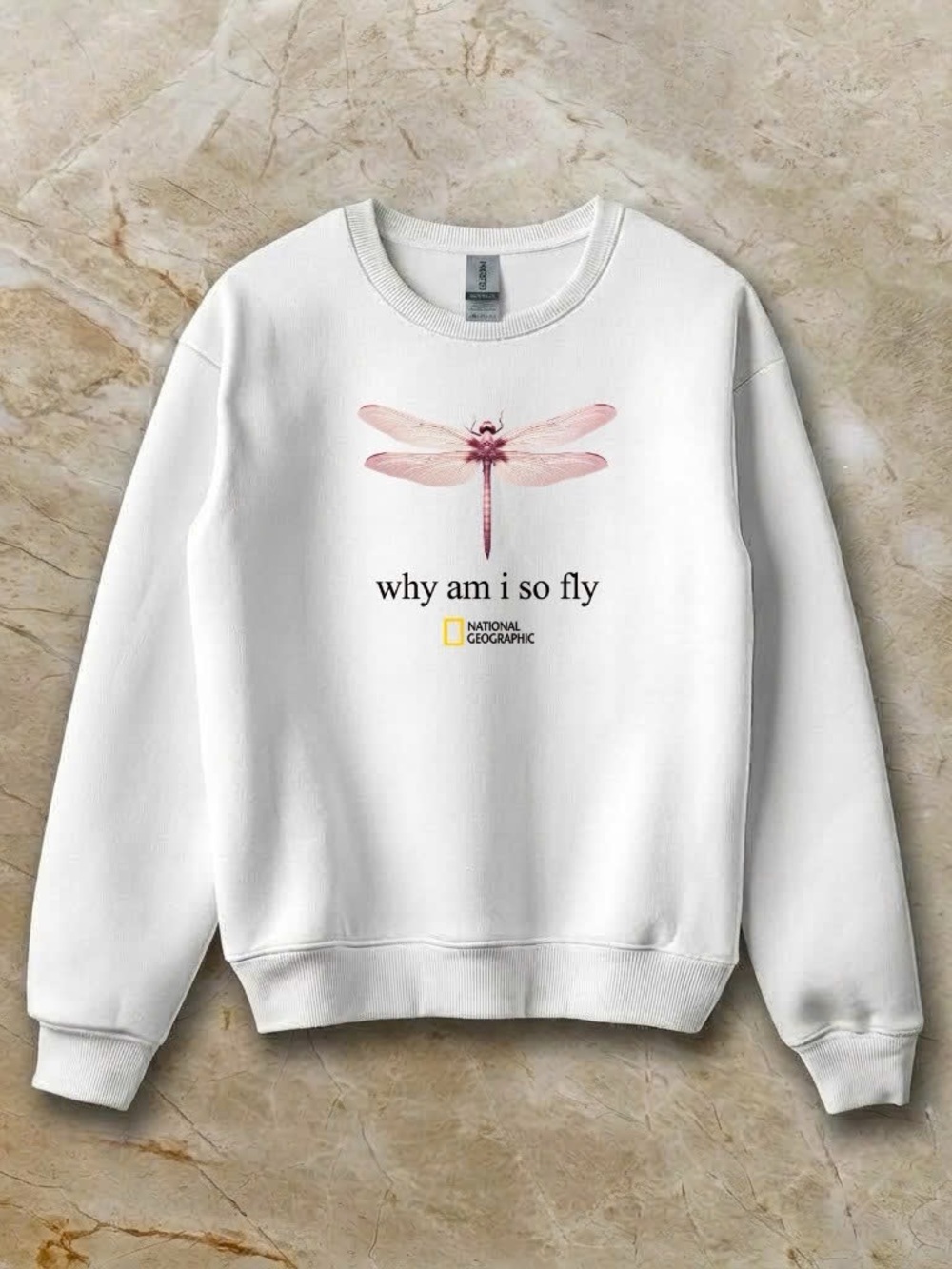 Gildan White Crewneck Sweatshirt with Pink Dragonfly Graphic